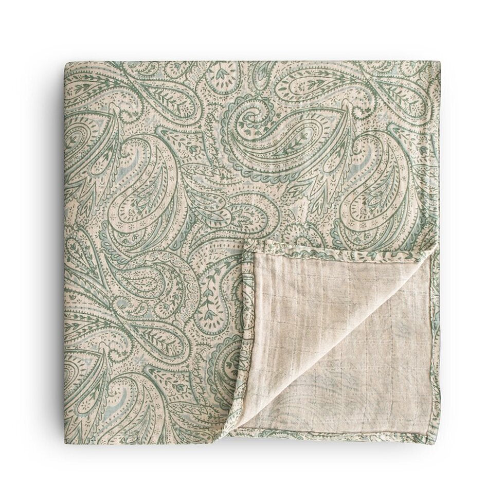 Mushie Organic Cotton Muslin Swaddle Blanket - Green Paisley